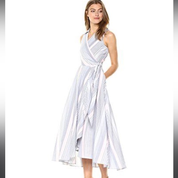 Calvin Klein White and Blue Asymmetrical Wrap Midi Dress - Picture 1 of 7